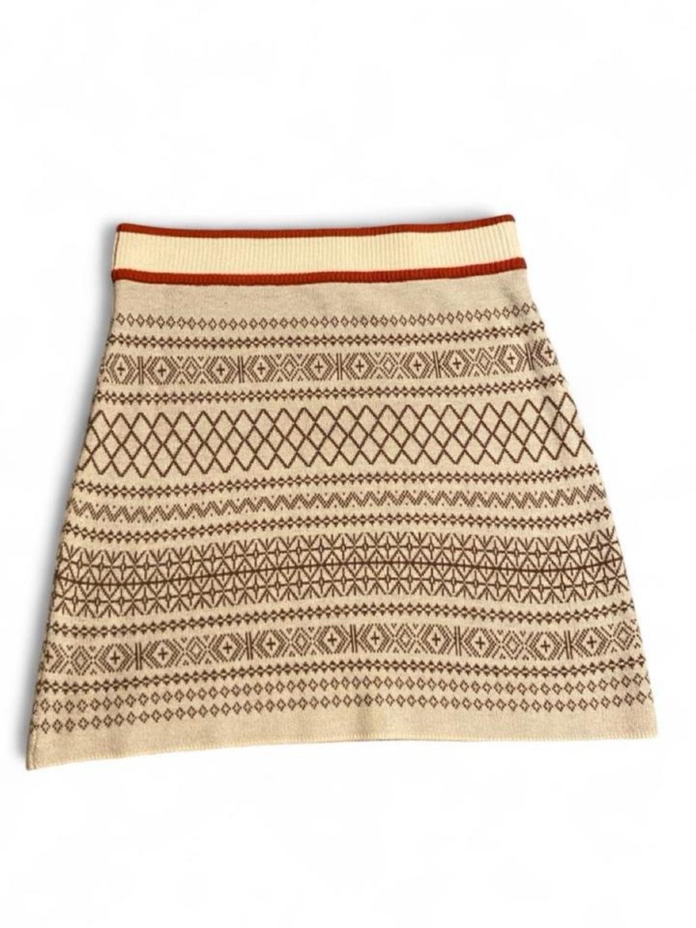 Cream Patterned Knit Mini Skirt with Rust Trim